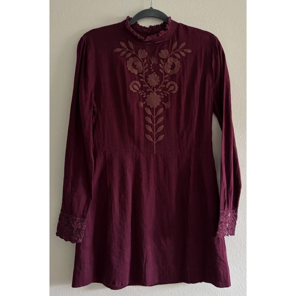 Antik Batik Burgundy Kiss Embroidered Long Sleeve Mini Dress Medium